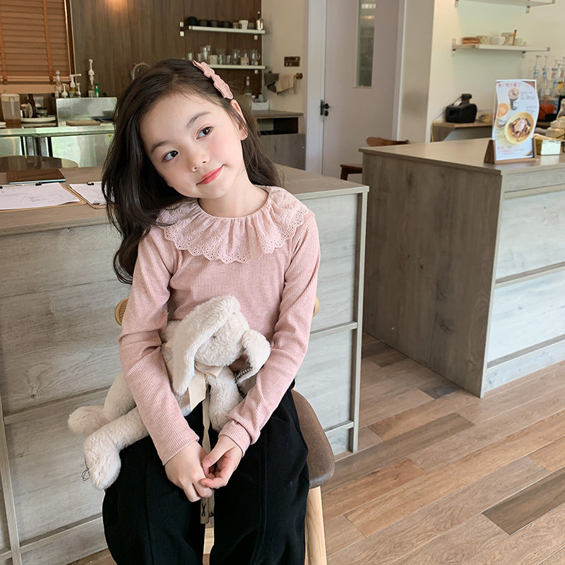 Girls' Soft Cashmere Sunken Stripe Lace Collar Bottoming Shirt
