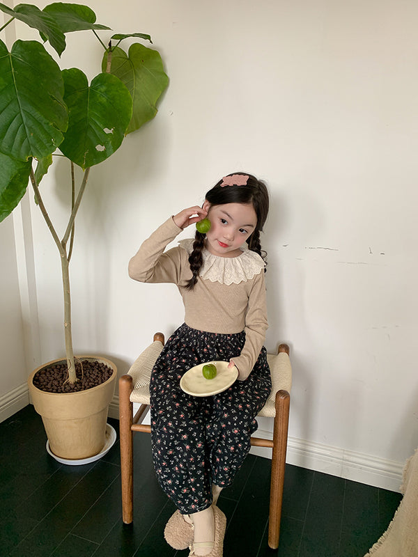 Girls' Soft Cashmere Sunken Stripe Lace Collar Bottoming Shirt