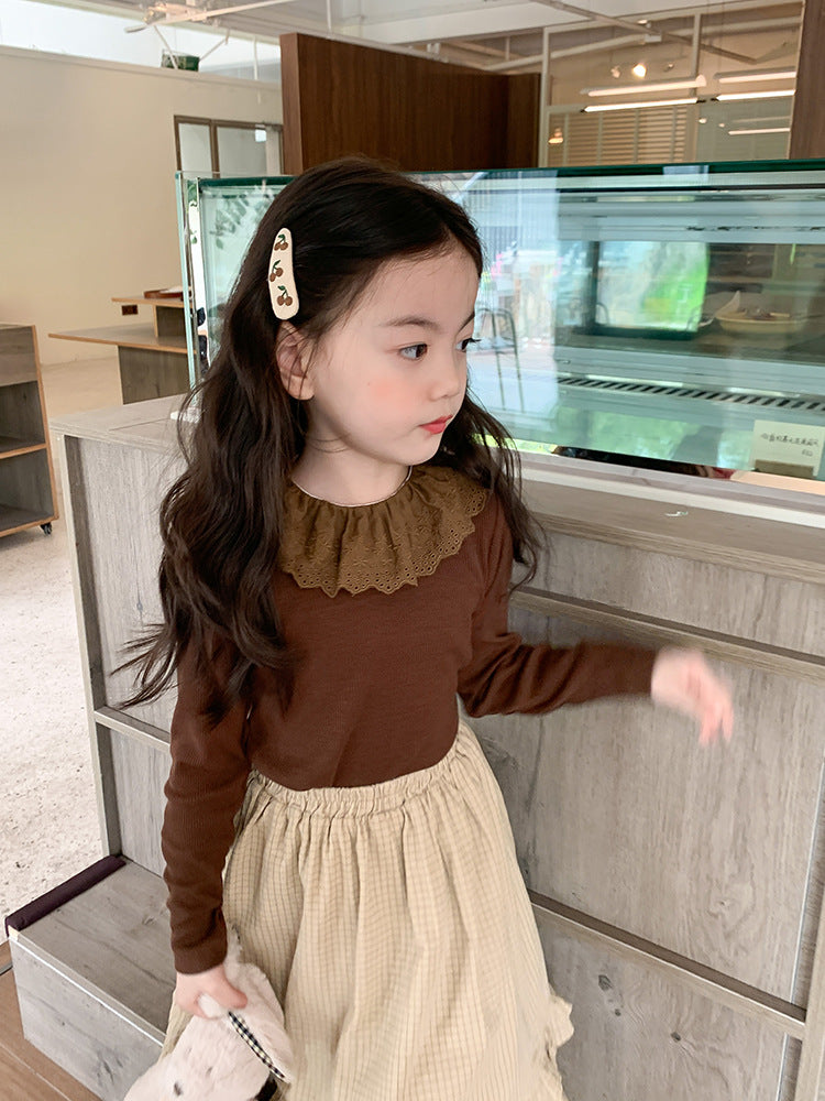 Girls' Soft Cashmere Sunken Stripe Lace Collar Bottoming Shirt