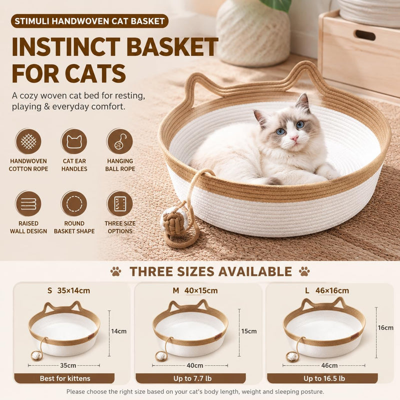 Cesto para Gatos, Cama Cesto para Gato Tecida à Mão de 35&40&46cm com Pegas em Forma de Orelhas de Gato, Cama Cesto para Gato em Corda de Algodão com Bola, Uso Interior para Todos os Gatos