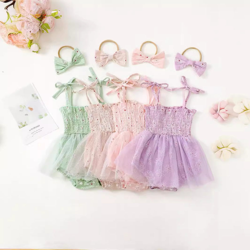 Prinzessinnenkleid mit Mesh-Trägern für Babymädchen inklusive Schleifen-Kopfschmuck