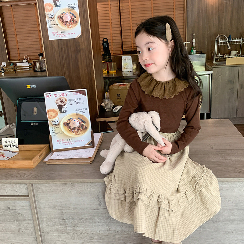 Girls' Soft Cashmere Sunken Stripe Lace Collar Bottoming Shirt