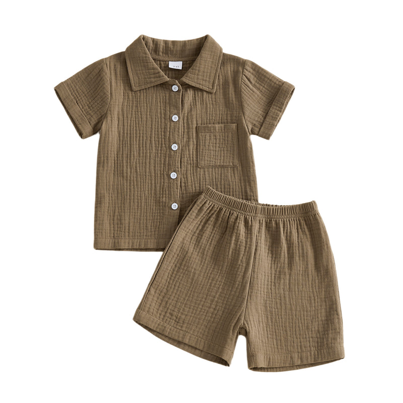Conjunto de Camisa de Manga Curta com Gola de Revers e Calções em Tecido Enrugado