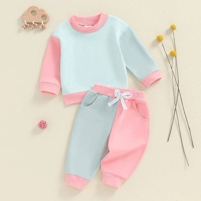 Children's Minimalist And Versatile Color Blocking Long Sleeved Set