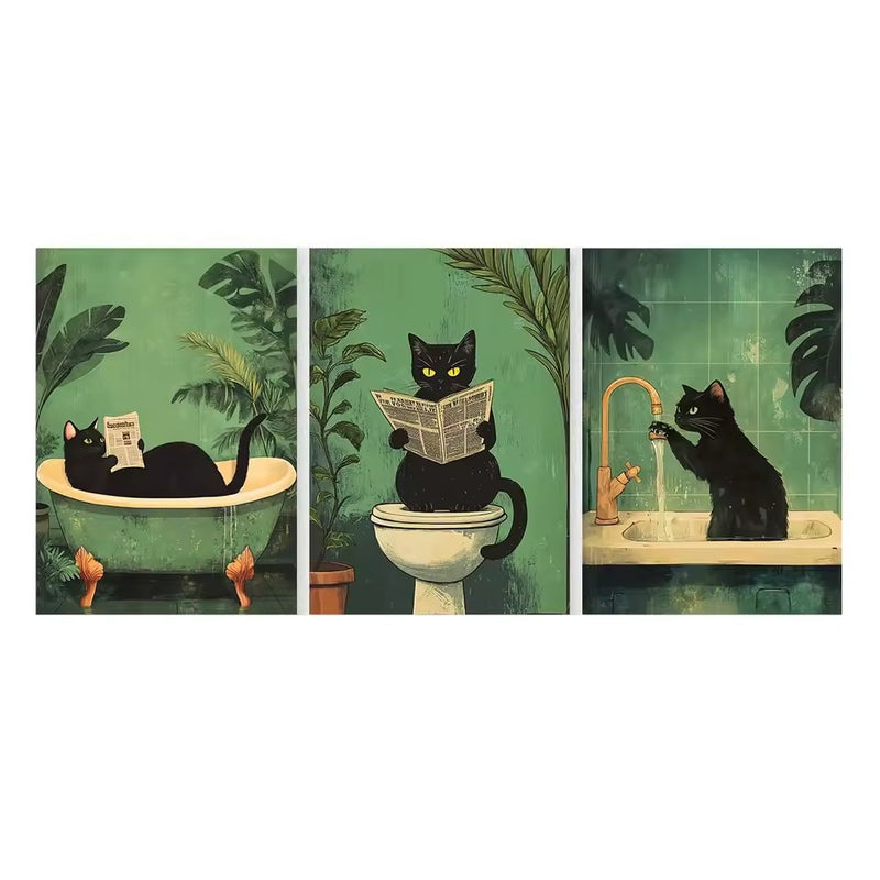 Póster em Tela de Gato Preto para Casa de Banho Arte de Parede para WC