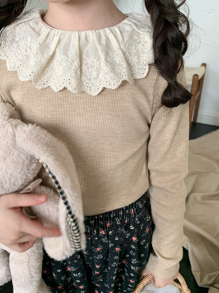 Girls' Soft Cashmere Sunken Stripe Lace Collar Bottoming Shirt