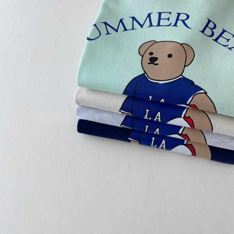Fato de duas peças para criança com urso e manga curta para o verão