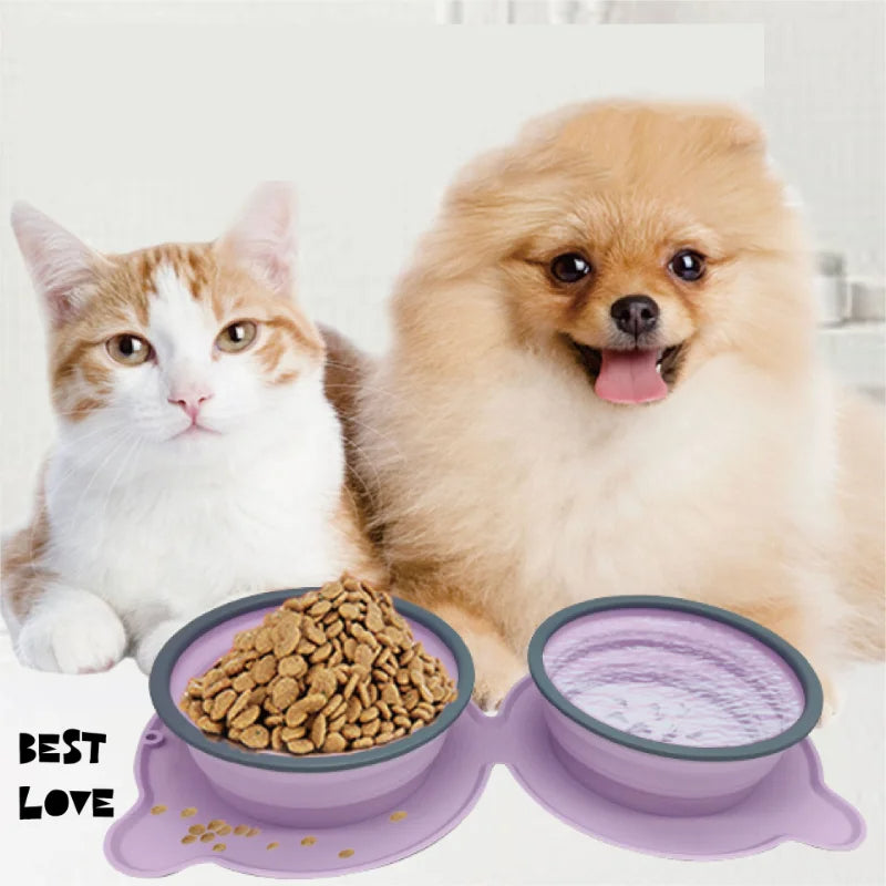 Tigela dupla de silicone para comida de cachorro, portátil, dobrável, antiderrapante, para animais de estimação, viagem, anti-asfixia, tigela de alimentação ao ar livre
