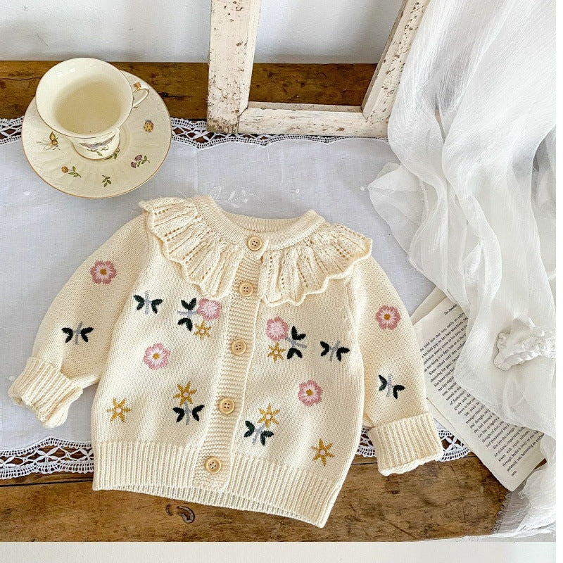 Children's Flower Embroidered Lotus Collar Knitted Warm Long Sleeve Cardigan Jacket