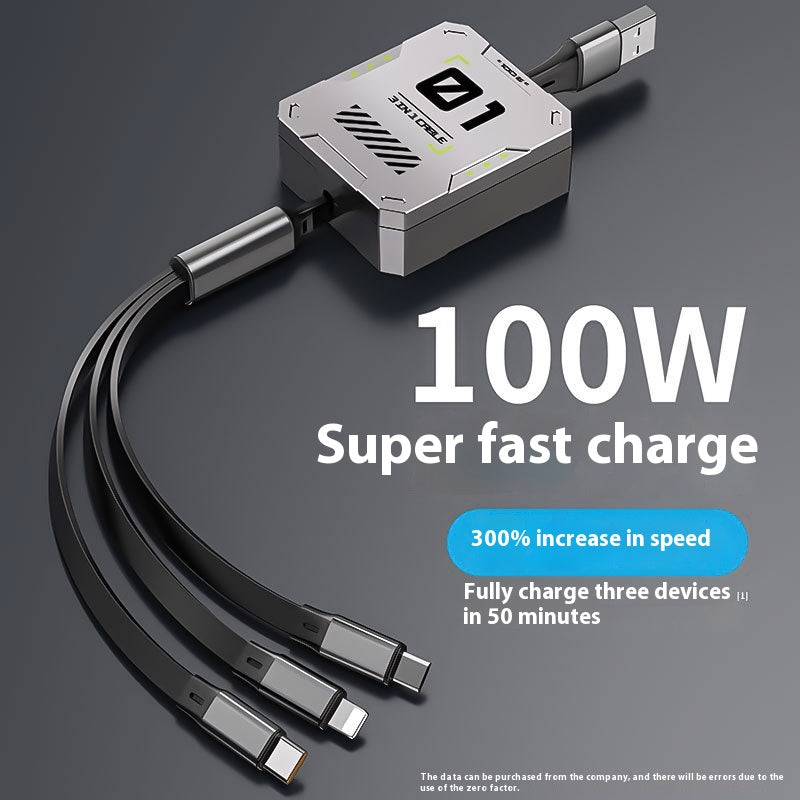 Data Cable Three-in-one 100W Super Fast Charge Telescopic One Drag Three