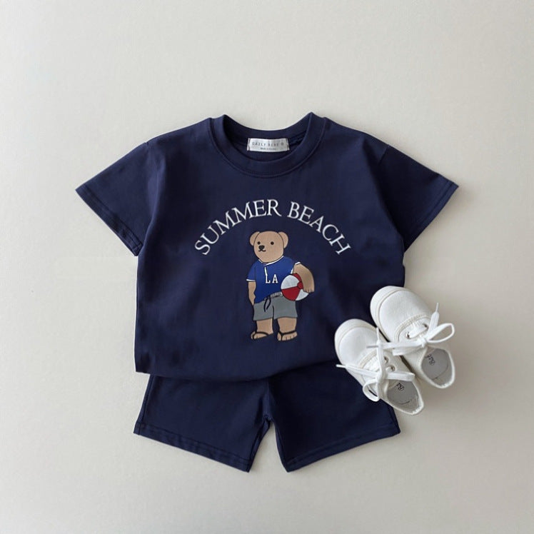 Fato de duas peças para criança com urso e manga curta para o verão