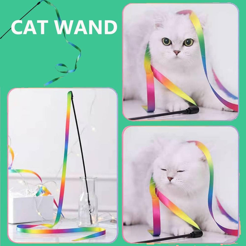 Brinquedos interativos de varinha arco-íris para gatos, varinha provocadora interativa com fita colorida para a maioria dos gatos