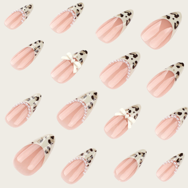 Hot-selling Almond-shaped French Leopard-print Nails With Short Pearl Butterflies