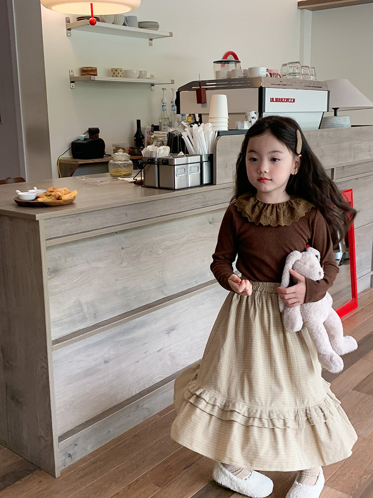 Girls' Soft Cashmere Sunken Stripe Lace Collar Bottoming Shirt