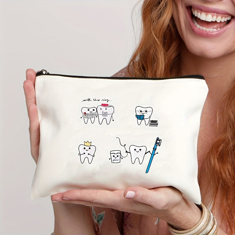 Tooth-patterned Canvas Zip Pouch For Kids Travel