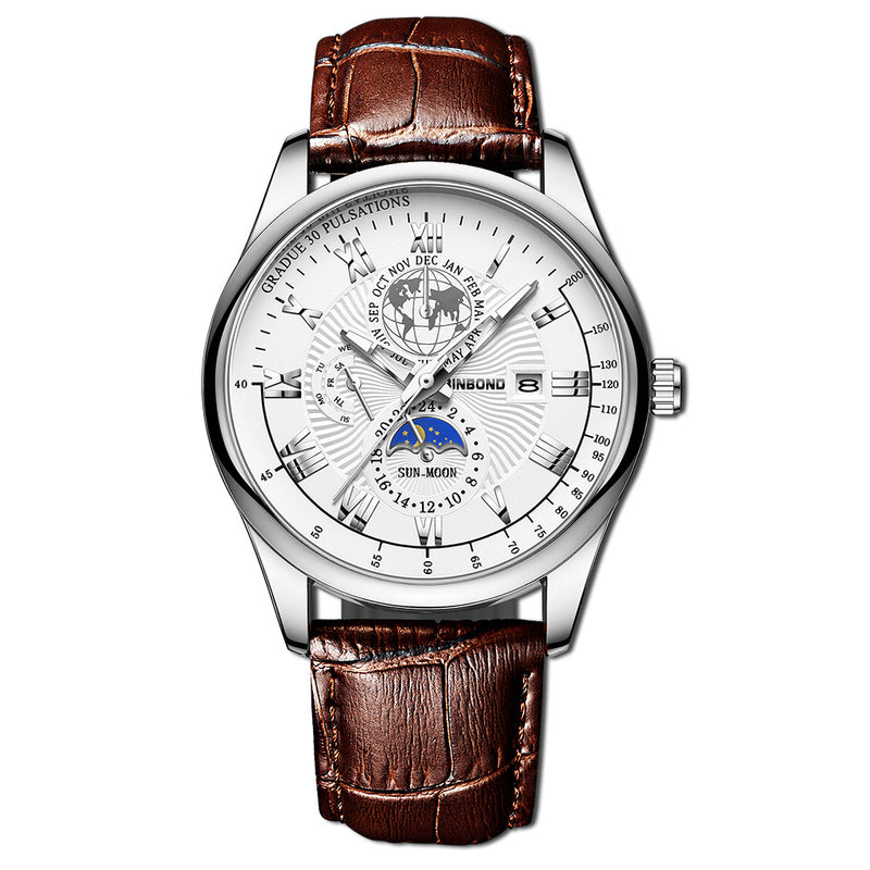 Wasserdichte leuchtende Herren-Quarzuhr mit Armband und Mondphasenanzeige