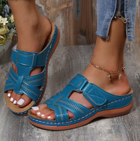 Women's Hollow Peep Toe Wedge Velcro Sandals
