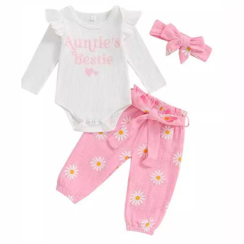 Ruffled Long-sleeve Bodysuit Paired With Matching Pants And A Bow Hair Accessory