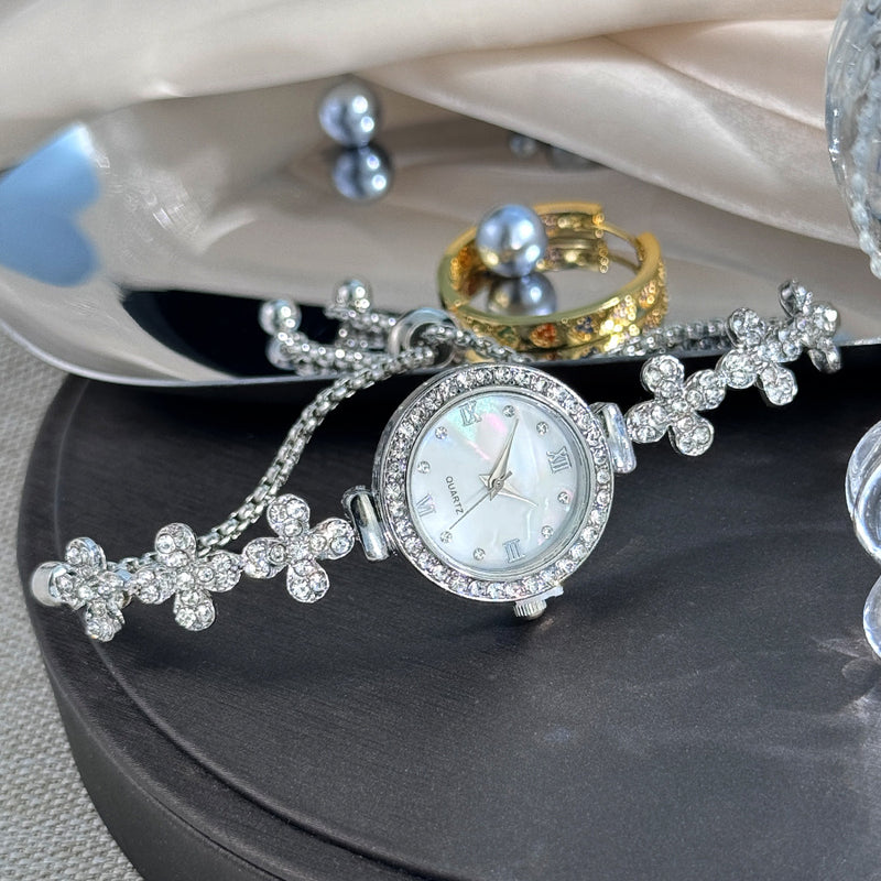 Relógio com pulseira extraível para estudantes em forma de flor e diamante embutido