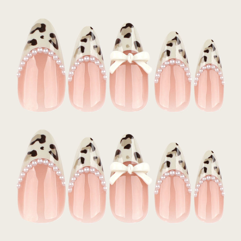 Hot-selling Almond-shaped French Leopard-print Nails With Short Pearl Butterflies
