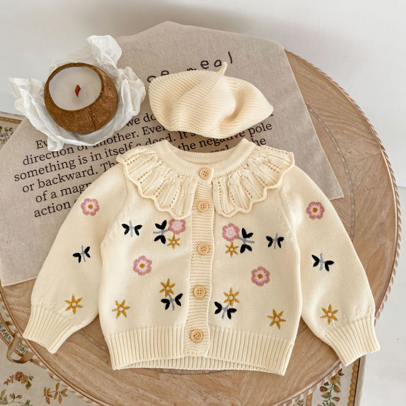 Children's Flower Embroidered Lotus Collar Knitted Warm Long Sleeve Cardigan Jacket