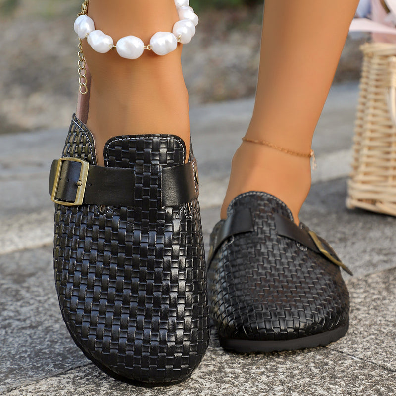 Womens Cork-toe Patterned Leather Belt Buckle Half-slipper