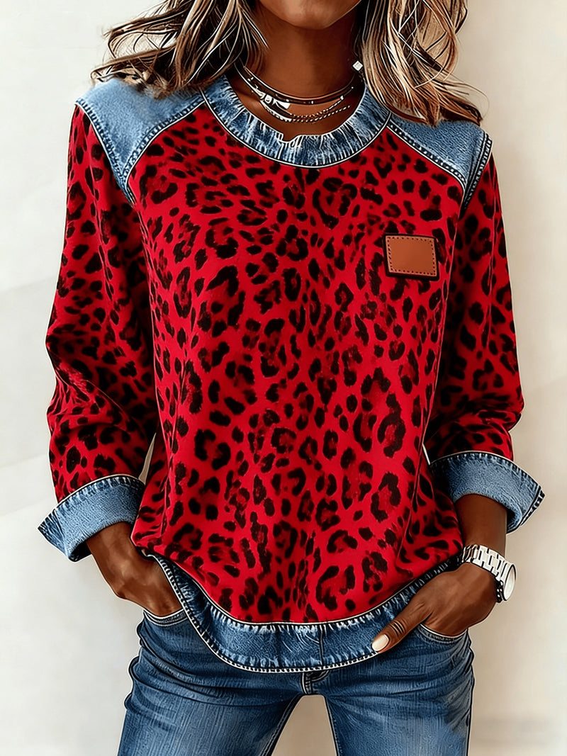 Casual Round Neck Denim Patchwork Leopard Print Long-sleeved Loose Top
