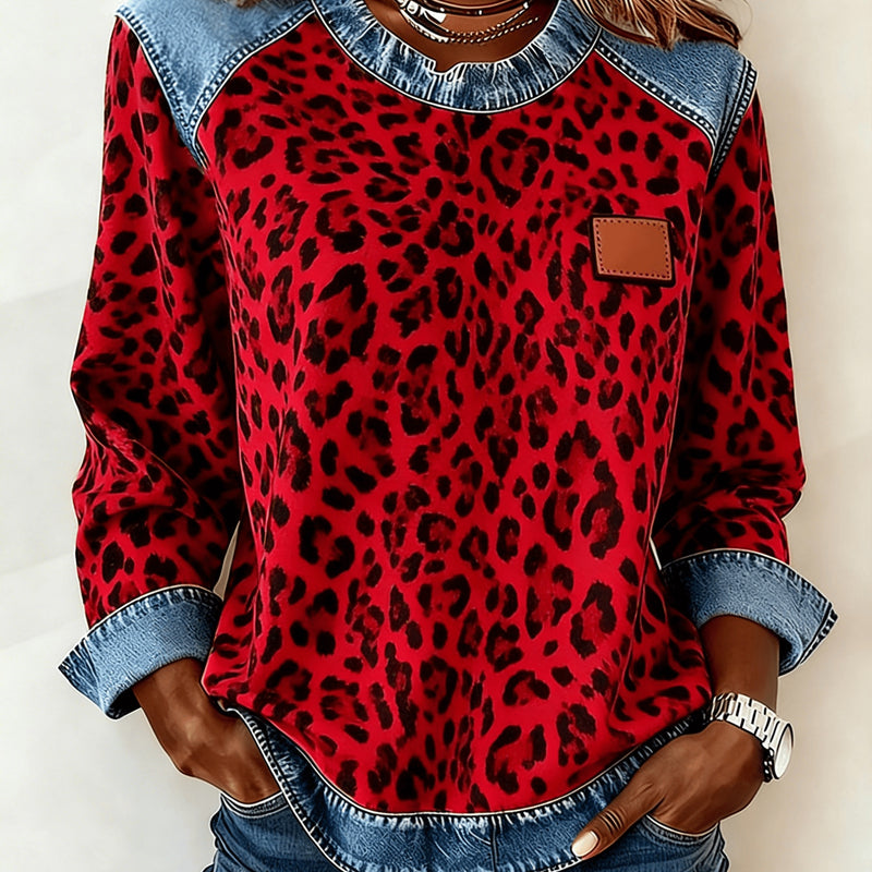 Casual Round Neck Denim Patchwork Leopard Print Long-sleeved Loose Top