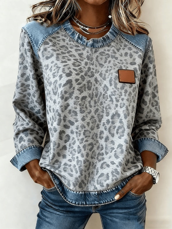 Casual Round Neck Denim Patchwork Leopard Print Long-sleeved Loose Top