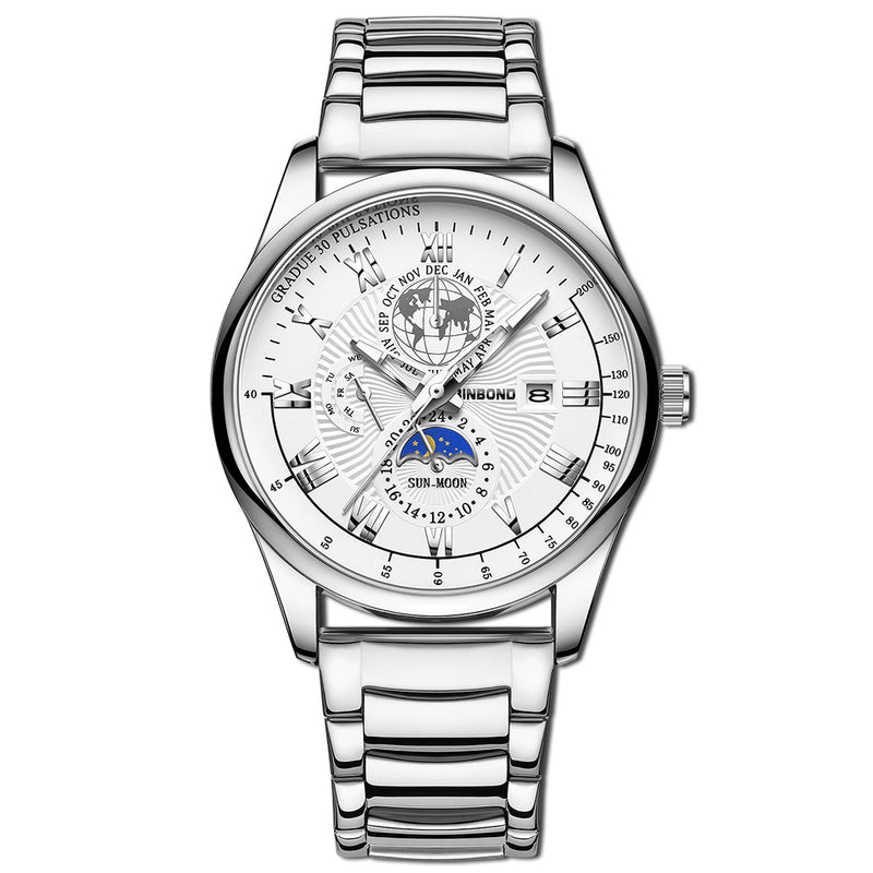Wasserdichte leuchtende Herren-Quarzuhr mit Armband und Mondphasenanzeige