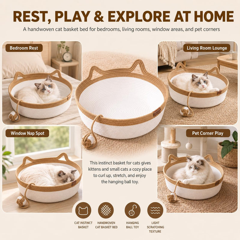 Cesto para Gatos, Cama Cesto para Gato Tecida à Mão de 35&40&46cm com Pegas em Forma de Orelhas de Gato, Cama Cesto para Gato em Corda de Algodão com Bola, Uso Interior para Todos os Gatos