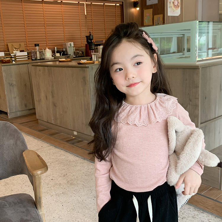 Girls' Soft Cashmere Sunken Stripe Lace Collar Bottoming Shirt