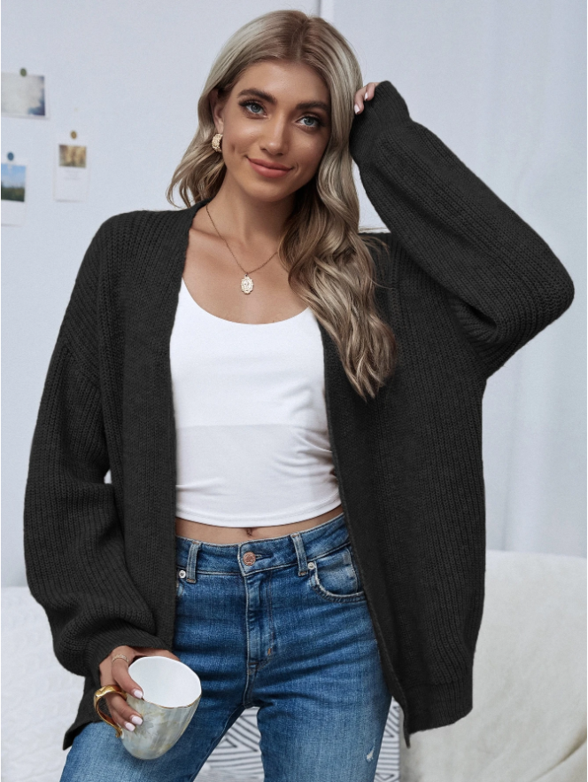 Open Front Drop Shoulder Solid Cardigan,Long Sleeve Tops