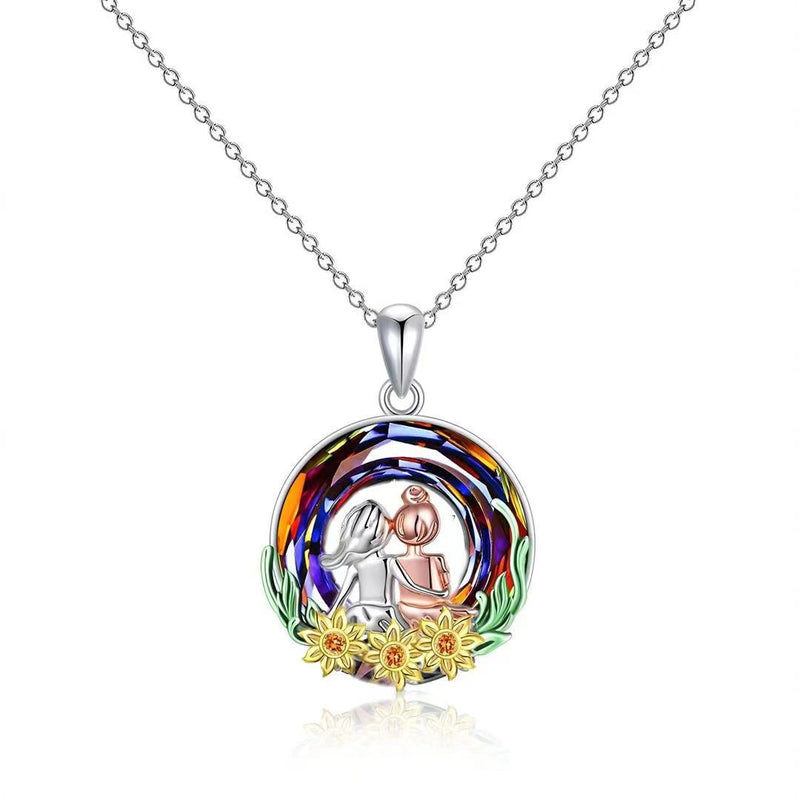 Stained Crystal Glass Sunflower Round Necklace