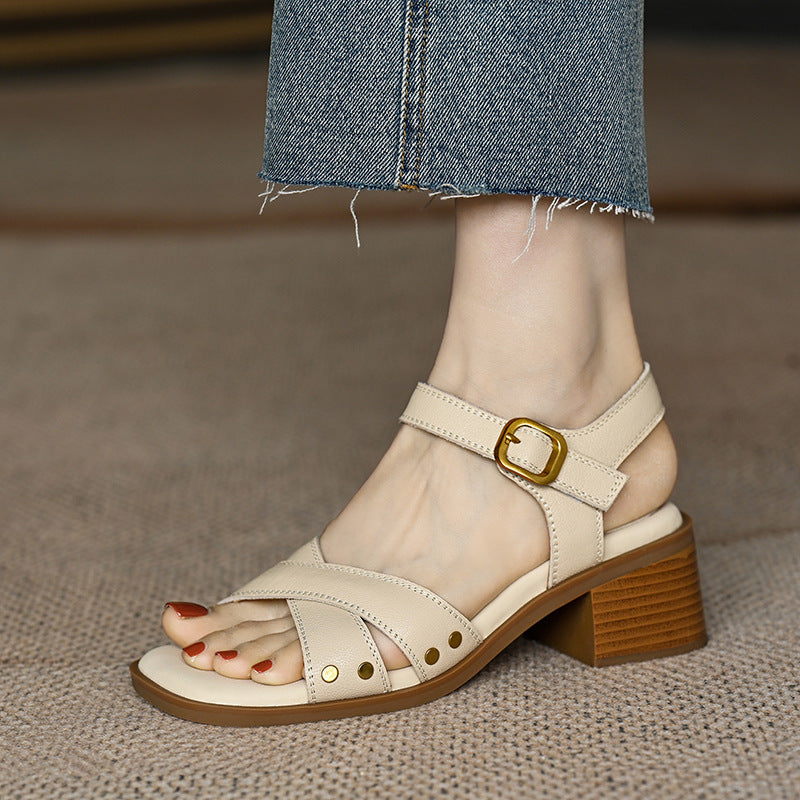 French Style Mid Heel Open Toe Sandals For Women Summer