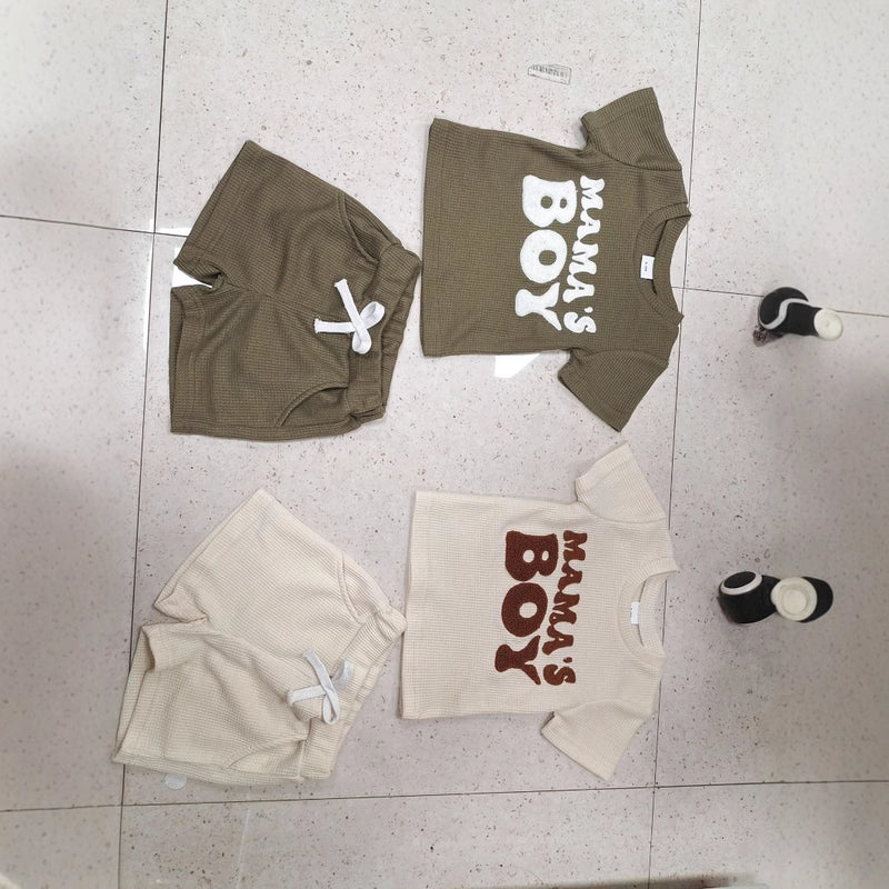 Waffle Towel Embroidery Short Sleeve Shorts Suit