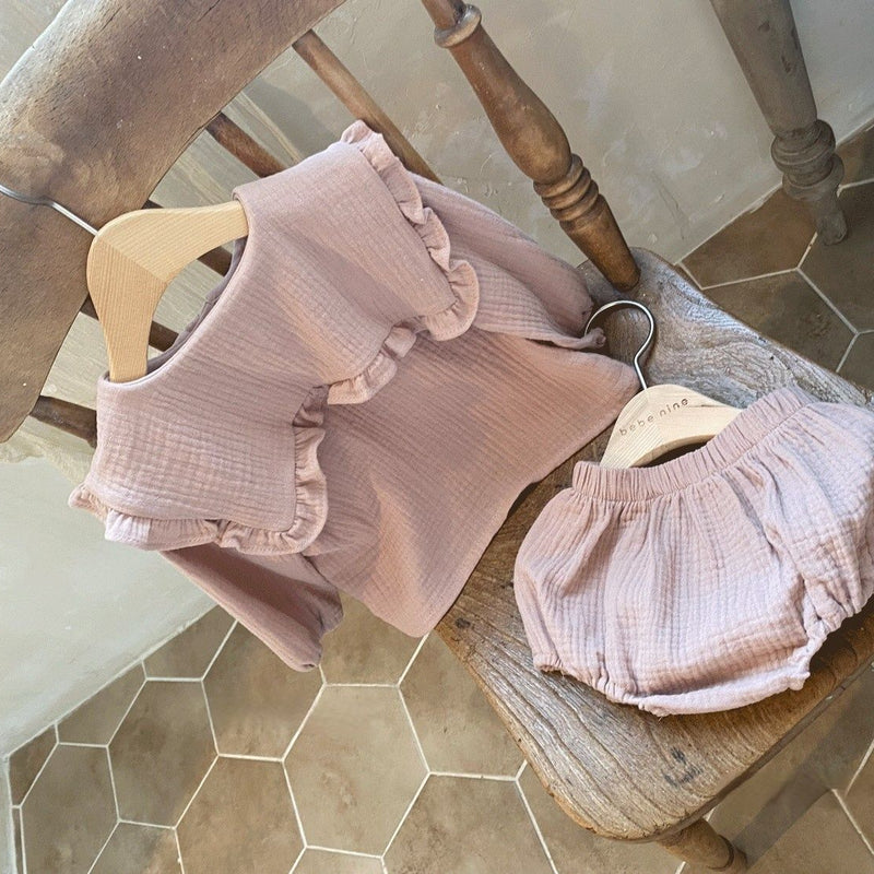 Baby Wrinkled Cotton Ruffle Collar Lapel Top Pants Set