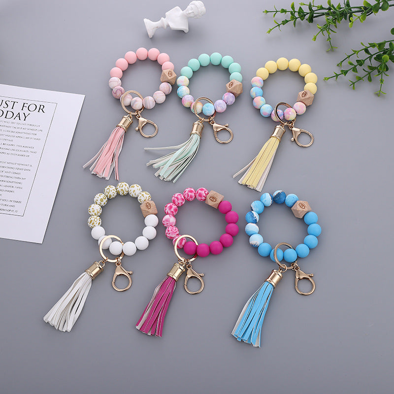Color Silicone Bead Bracelet PU Tassel Key Chain
