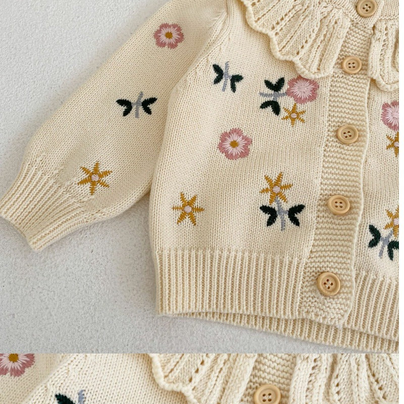 Children's Flower Embroidered Lotus Collar Knitted Warm Long Sleeve Cardigan Jacket