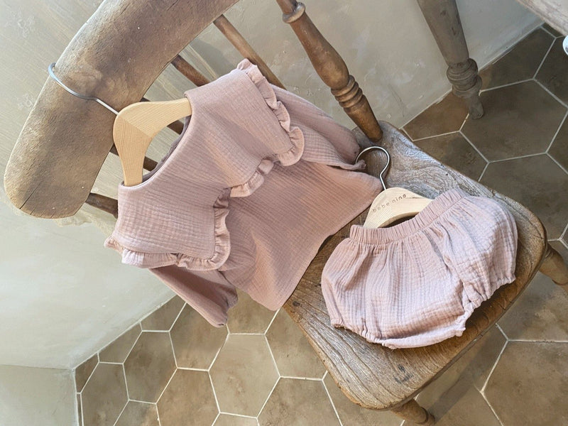 Baby Wrinkled Cotton Ruffle Collar Lapel Top Pants Set