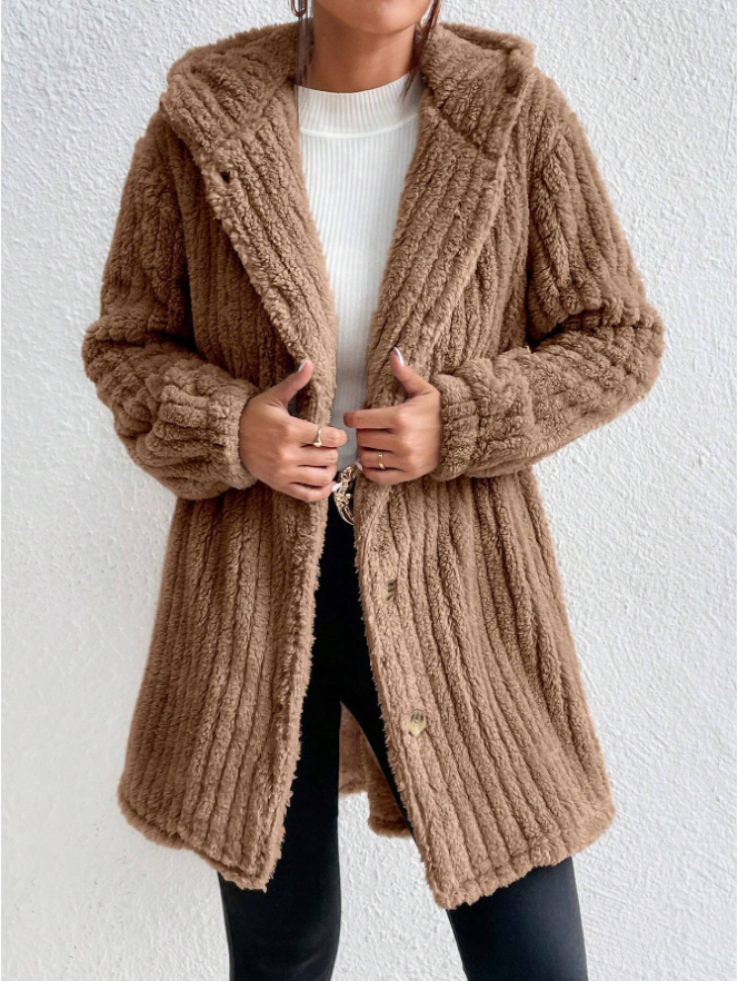 Button Front Hooded Teddy Coat