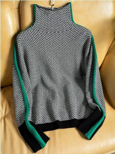 Lockerer Rollkragenpullover mit Kontrastärmeln in Wolloptik für Damen, Herbst und Winter