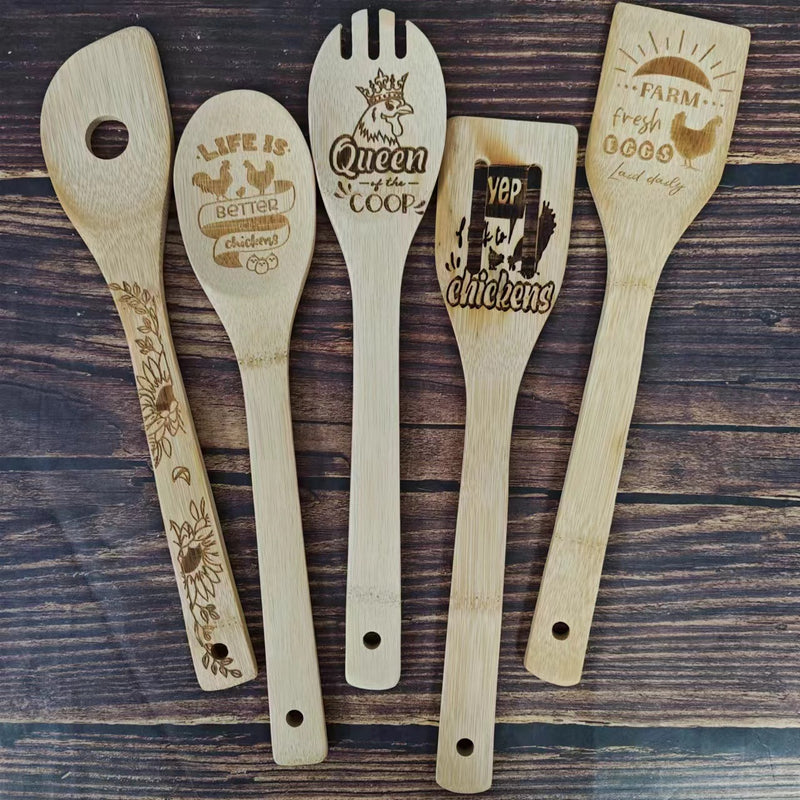 Bamboo Shovel Laser Engraving Pattern Halloween Christmas Bamboo Shovel Cooking Suit Five-piece Set