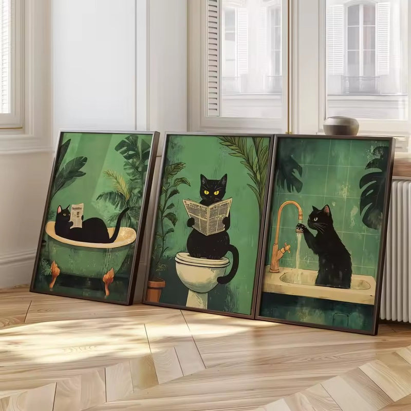 Póster em Tela de Gato Preto para Casa de Banho Arte de Parede para WC