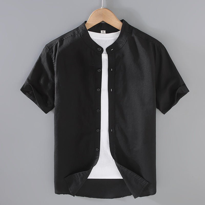 Solid-color Linen Shirt Mens Short-sleeve Casual Top