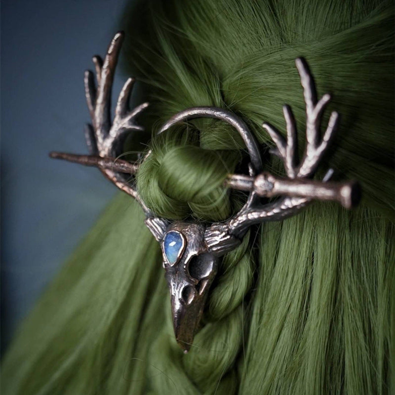 Gancho de cabelo feminino gótico retro com esqueleto de corvo, luar, pedra e chifres de veado