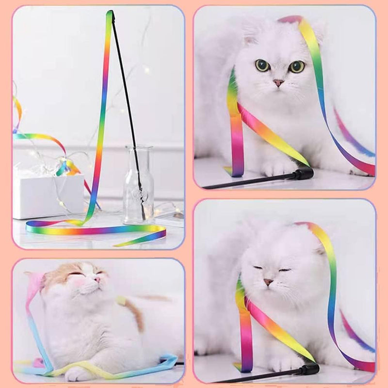 Brinquedos interativos de varinha arco-íris para gatos, varinha provocadora interativa com fita colorida para a maioria dos gatos