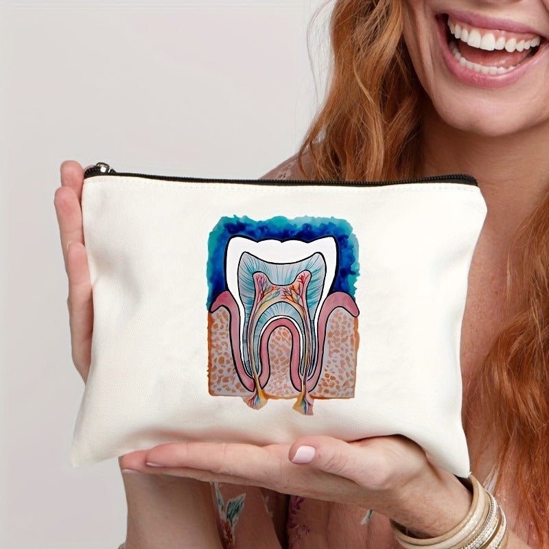 Tooth-patterned Canvas Zip Pouch For Kids Travel