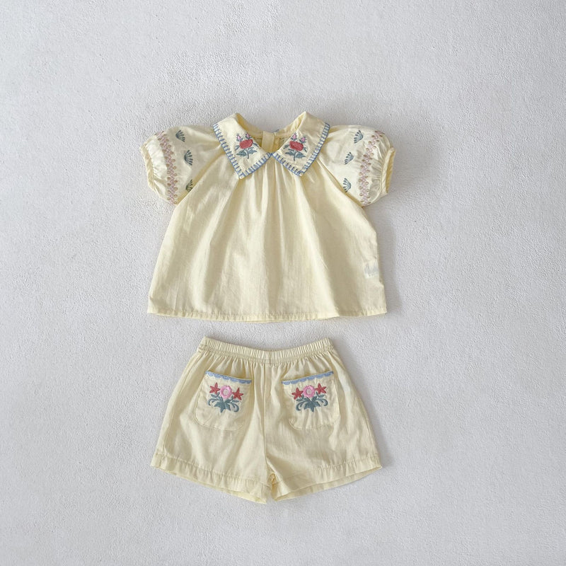 Baby Girl Flower Embroidered Lapel Short-sleeved Shirt Thin Shorts Suit