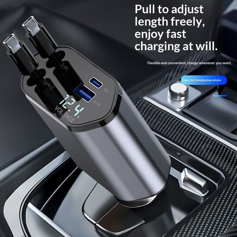 4-in-1 einziehbares Auto-Ladegerät, schnelles 120-W-Auto-Handy-Ladegerät mit USB-C-Kabel